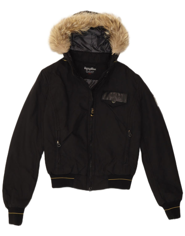 Refrigiwear Womens Hooded Bomber Jacket UK 10 Small Black Nylon