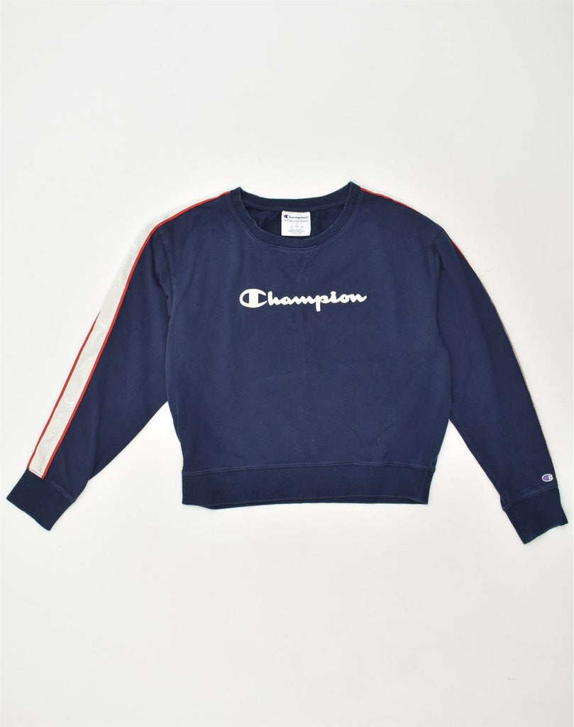 CHAMPION Womens Graphic Sweatshirt Jumper UK 16 Large Navy Blue Cotton | Vintage Champion | Thrift | Second-Hand Champion | Used Clothing | Messina Hembry 