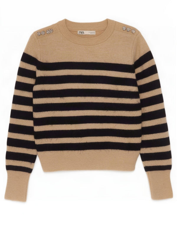Zara Womens Crew Neck Jumper Sweater UK 12 Medium Beige Striped Nylon