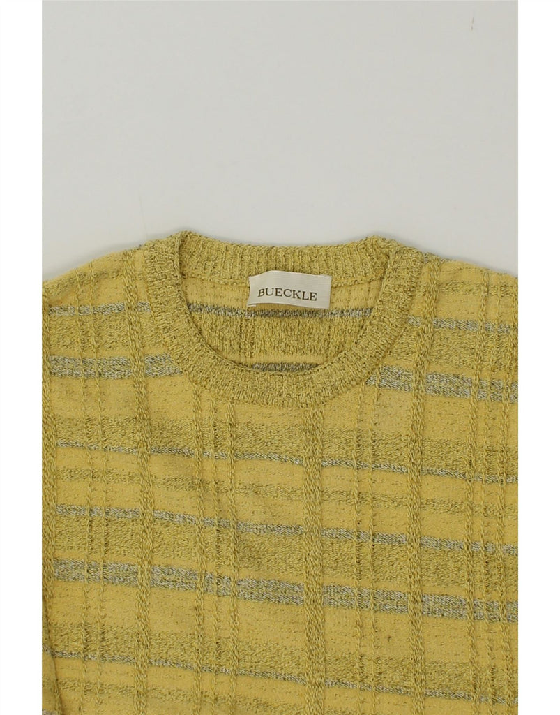 BUECKLE Mens Crew Neck Jumper Sweater Medium Yellow Check Polyester Vintage Bueckle and Second-Hand Bueckle from Messina Hembry 