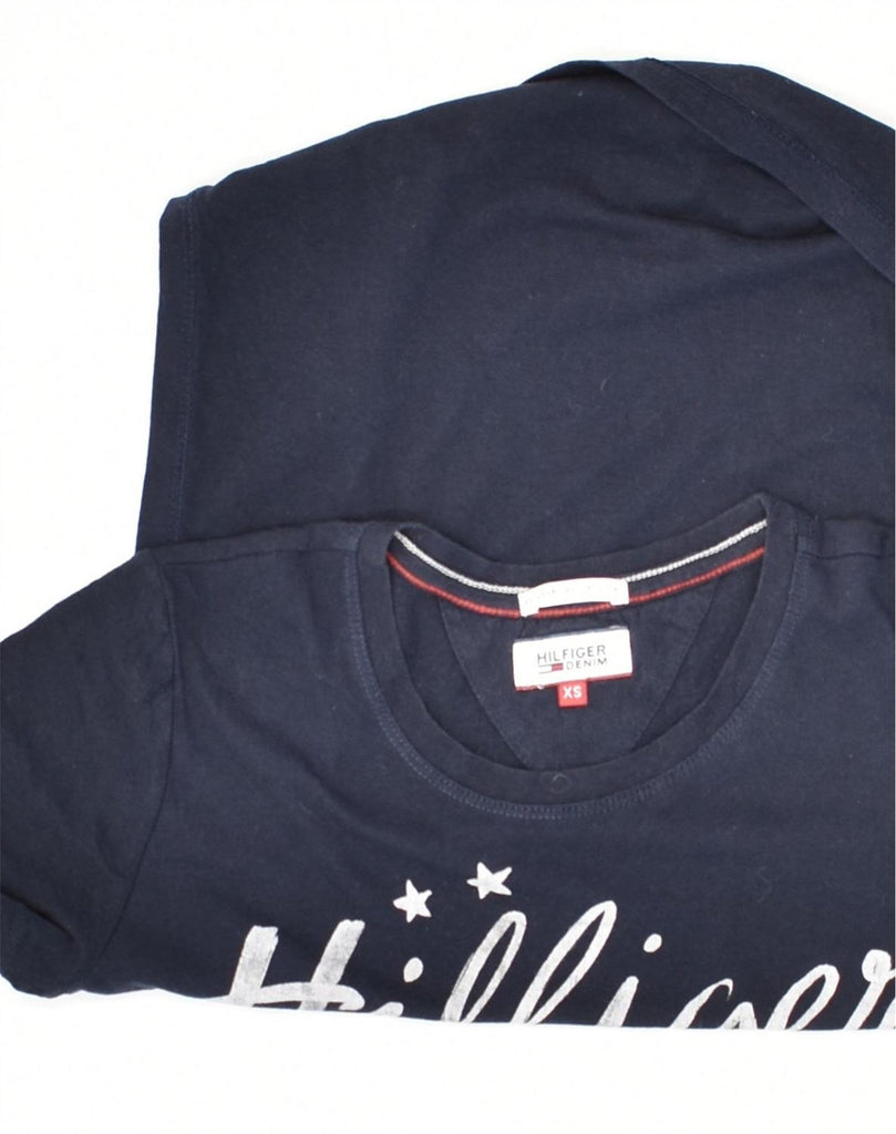 TOMMY HILFIGER Womens Graphic T-Shirt Top UK 4 XS Navy Blue Cotton | Vintage Tommy Hilfiger | Thrift | Second-Hand Tommy Hilfiger | Used Clothing | Messina Hembry 