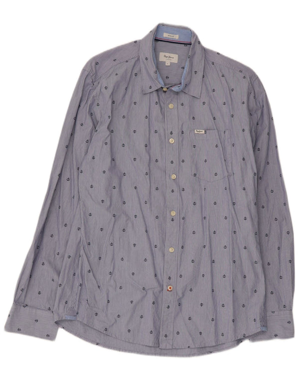 PEPE Jeans Mens Abstract Pattern Regular Fit Shirt Large Blue Pinstripe