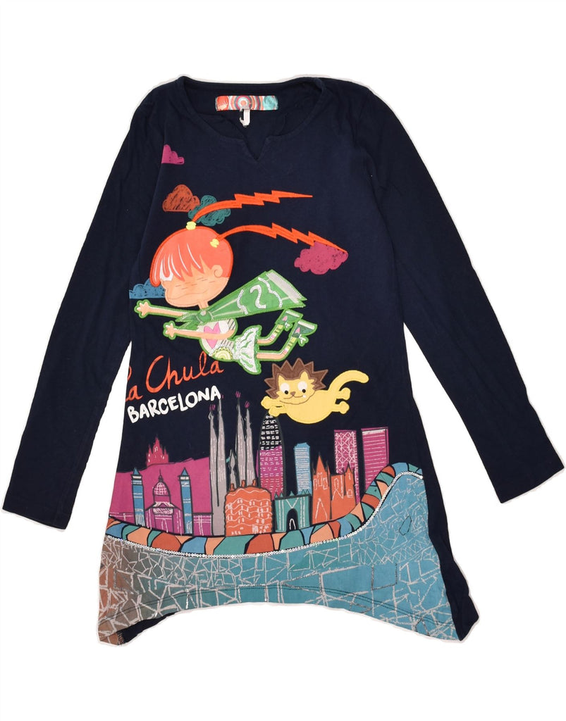 DESIGUAL Girls Graphic Long Sleeve Tunic Top 9-10 Years Navy Blue | Vintage Desigual | Thrift | Second-Hand Desigual | Used Clothing | Messina Hembry 