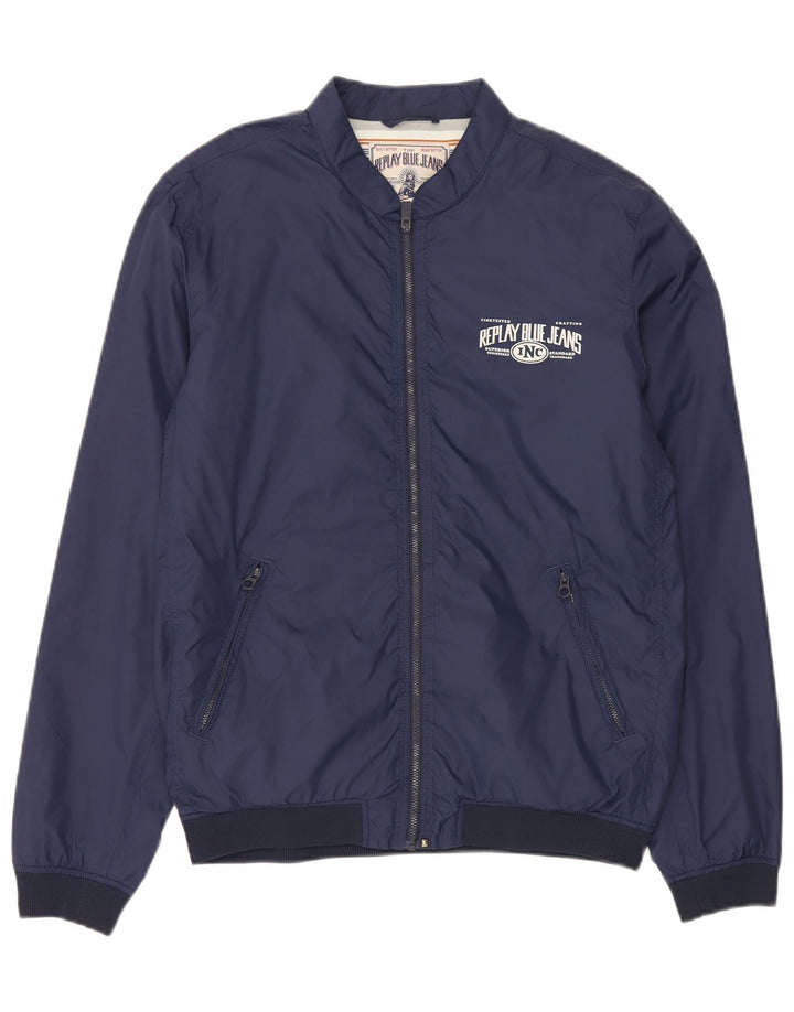 Replay Mens Graphic Bomber Jacket UK 40 Large Navy Blue Polyamide