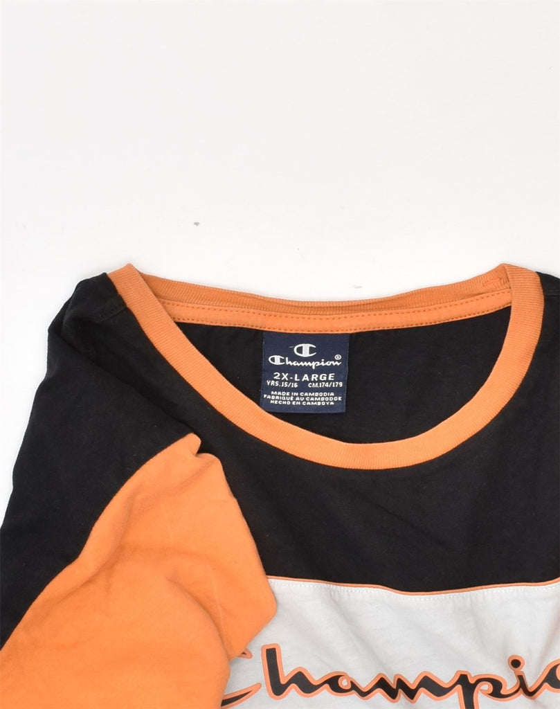 CHAMPION Boys Graphic T-Shirt Top 15-16 Years 2XL Black Colourblock Cotton | Vintage Champion | Thrift | Second-Hand Champion | Used Clothing | Messina Hembry 