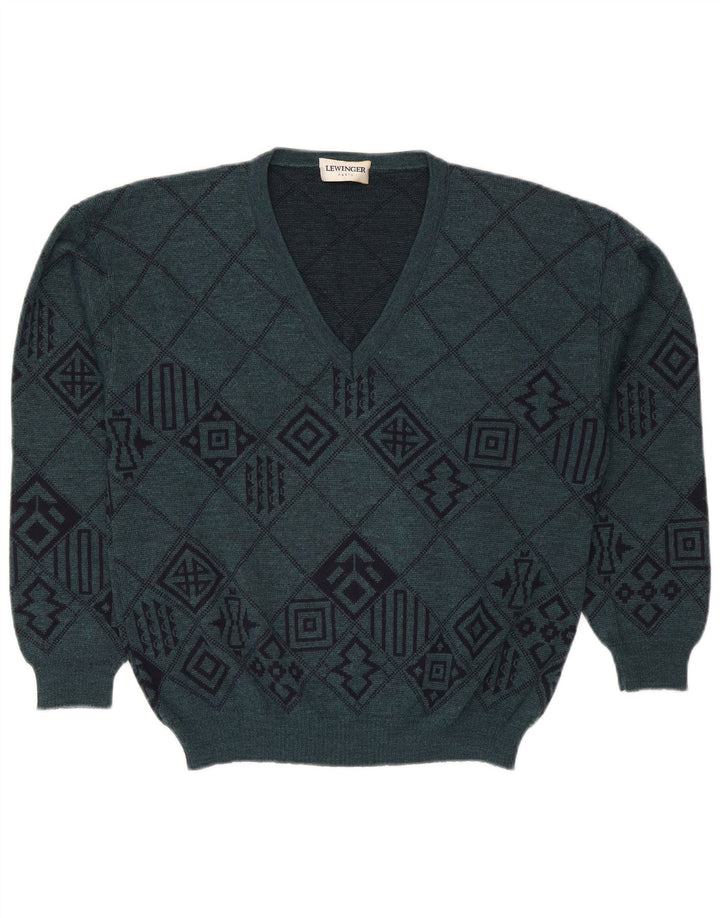 Lewinger Mens V-Neck Jumper Sweater Medium Green Geometric Wool