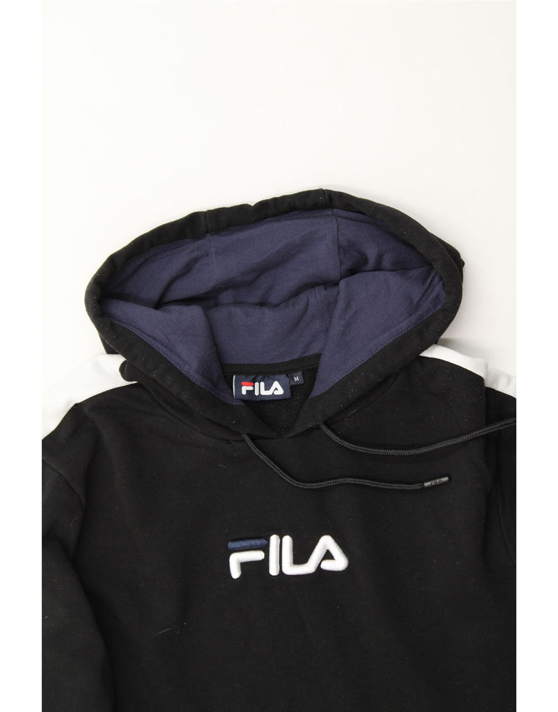 FILA Mens Graphic Hoodie Jumper Medium Black Colourblock Cotton Vintage Fila and Second-Hand Fila from Messina Hembry 