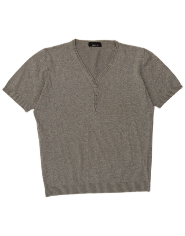 Zara Mens Short Sleeve V-Neck Jumper Sweater XL Grey