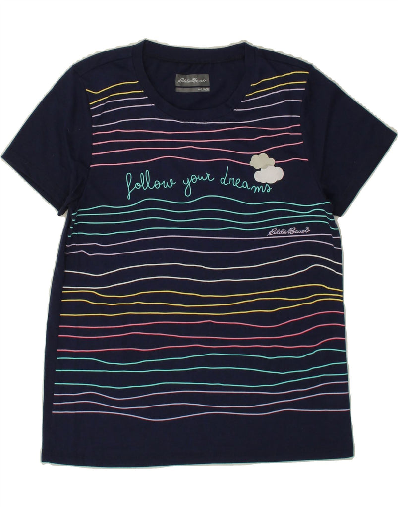 EDDIE BAUER Girls Graphic T-Shirt Top 14-15 Years Large  Navy Blue Striped Vintage Eddie Bauer and Second-Hand Eddie Bauer from Messina Hembry 