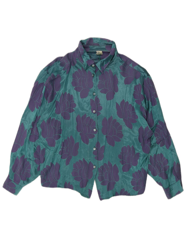 Vintage Womens Shirt Blouse UK 16 Large Blue Floral Acetate