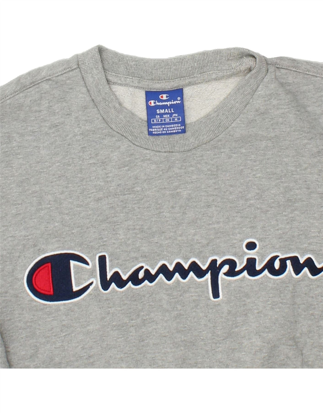 CHAMPION Mens Graphic Sweatshirt Jumper Small Grey Cotton Vintage Champion and Second-Hand Champion from Messina Hembry 