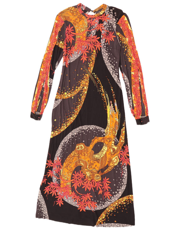 Vintage Womens Graphic Long Sleeve Maxi Dress UK 8 Small Black Floral