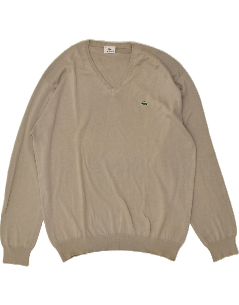 LACOSTE Mens V-Neck Jumper Sweater Size 6 XL Beige Cotton | Vintage Lacoste | Thrift | Second-Hand Lacoste | Used Clothing | Messina Hembry 