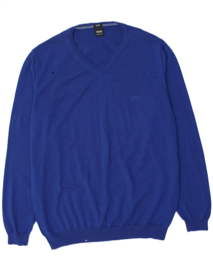 Hugo Boss Mens V-Neck Jumper Sweater XL Blue Virgin Wool