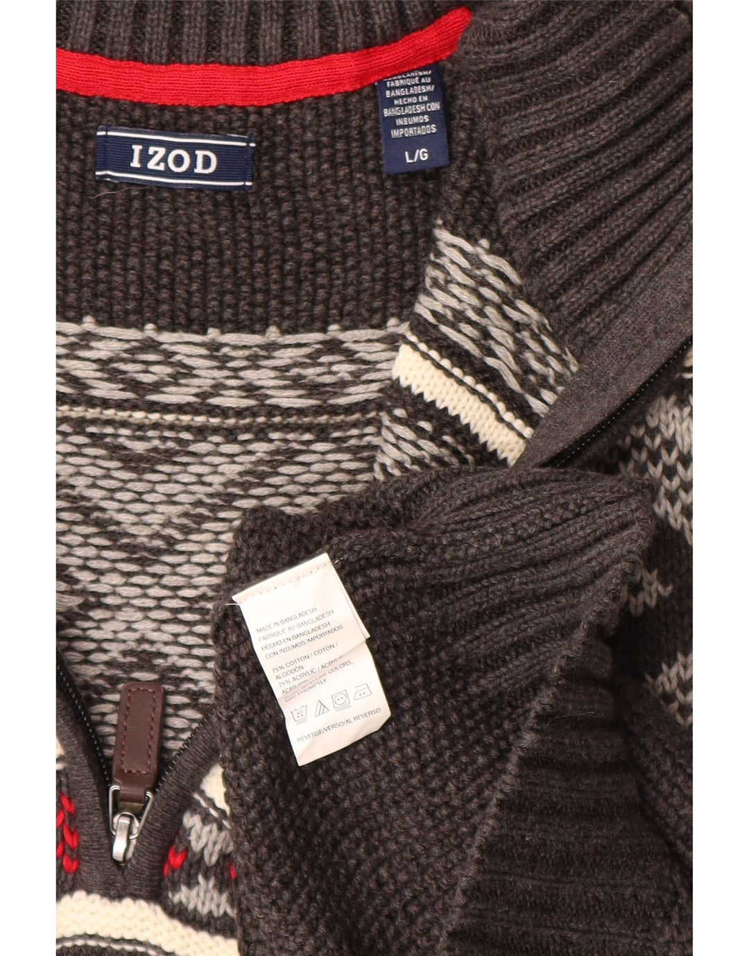 IZOD Mens Zip Neck Jumper Sweater Large Grey Fair Isle Cotton