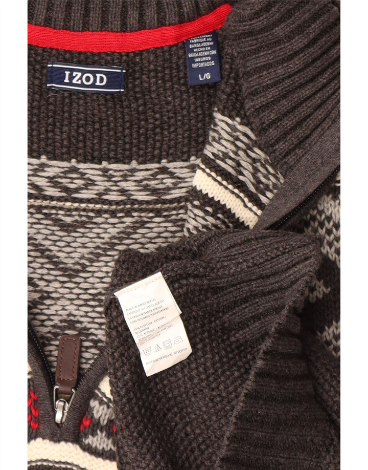 IZOD Mens Zip Neck Jumper Sweater Large Grey Fair Isle Cotton