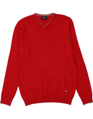 ARMANI JEANS Mens V-Neck Jumper Sweater Large Red Viscose