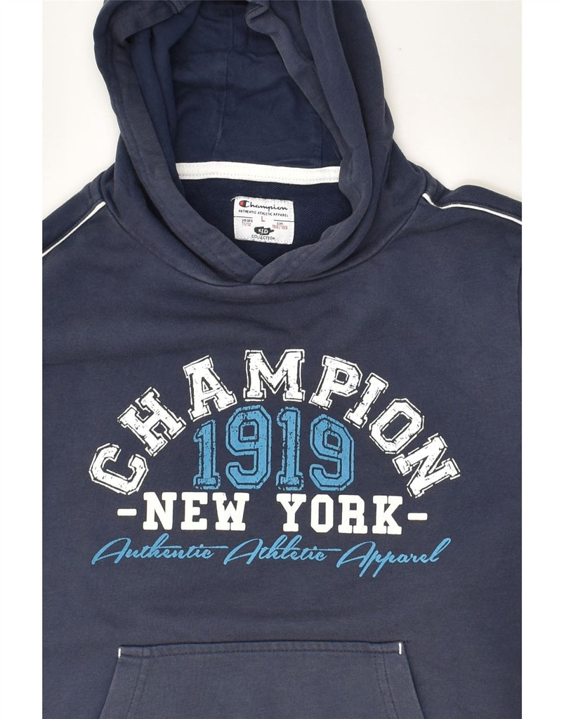 CHAMPION Boys Graphic Hoodie Jumper 11-12 Years Large Navy Blue Cotton | Vintage Champion | Thrift | Second-Hand Champion | Used Clothing | Messina Hembry 