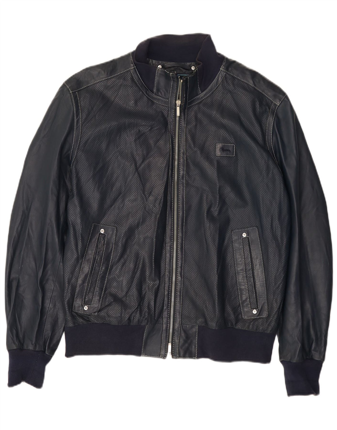Harmont & Blaine Mens Leather Jacket UK 40 Large Navy Blue Leather