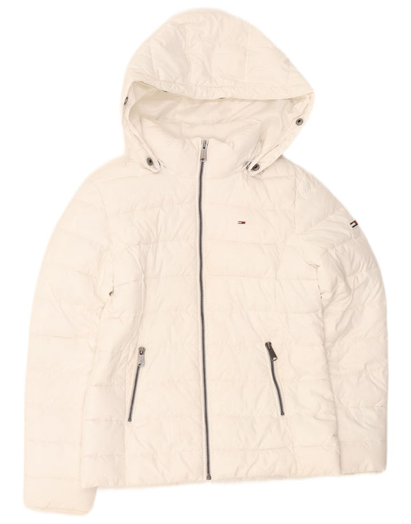 Tommy Hilfiger Womens Hooded Padded Jacket UK 14 Medium White Polyester