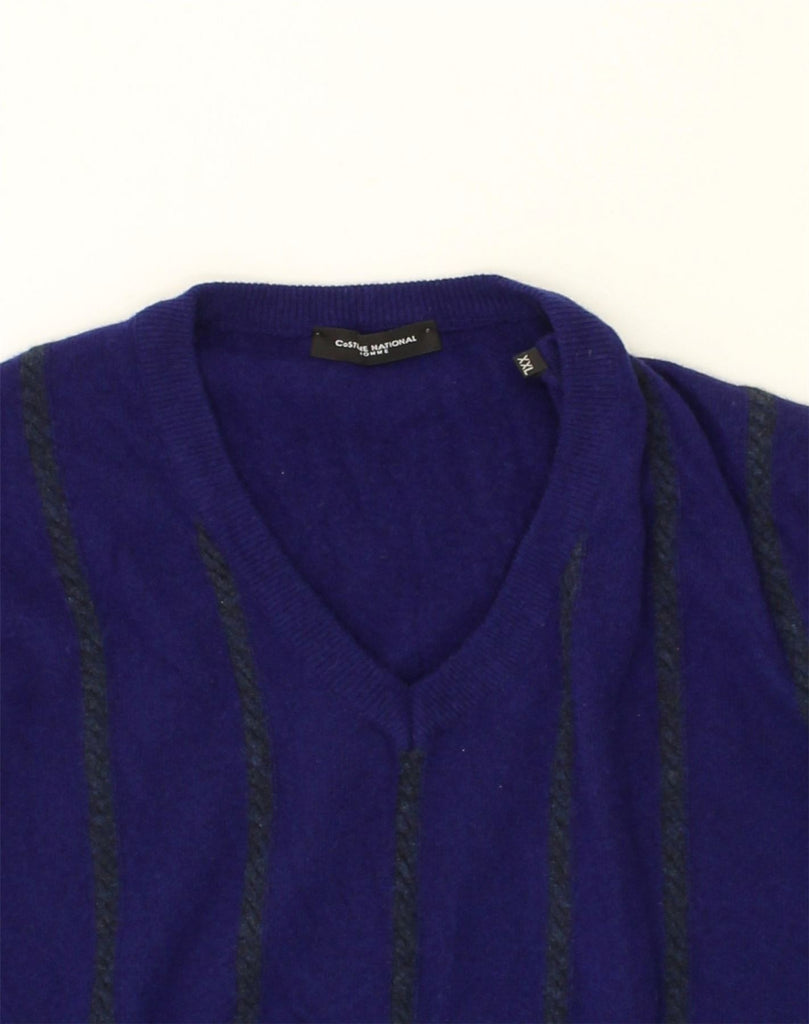 VINTAGE Womens V-Neck Jumper Sweater 2XL Navy Blue Striped Wool | Vintage Vintage | Thrift | Second-Hand Vintage | Used Clothing | Messina Hembry 