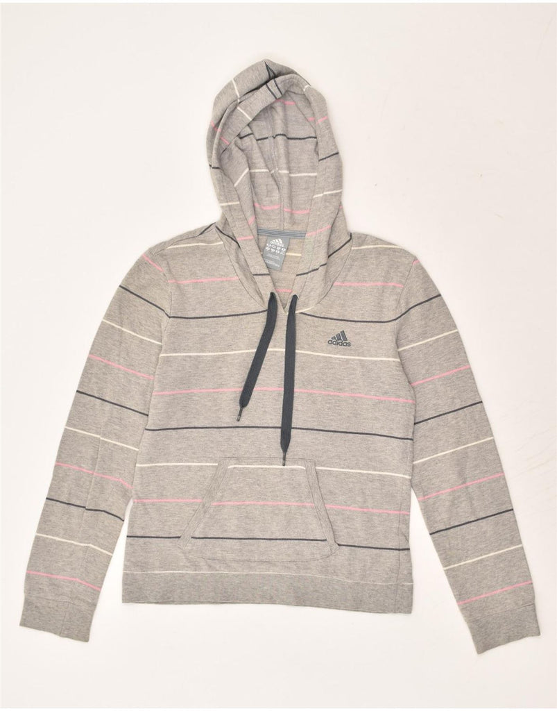 ADIDAS Womens Hoodie Jumper UK 12 Medium Grey Striped Cotton | Vintage Adidas | Thrift | Second-Hand Adidas | Used Clothing | Messina Hembry 