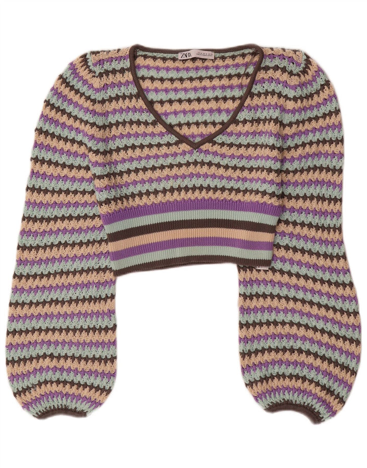 Zara Womens Crop V-Neck Jumper Sweater UK 12 Medium Multicoloured Striped