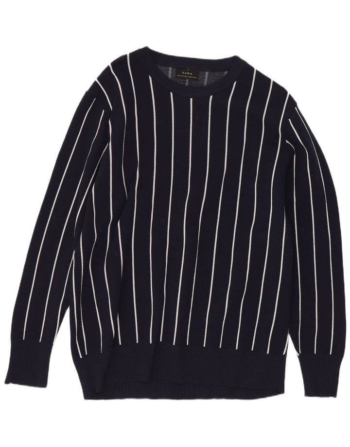 Zara Mens Regular Fit Boat Neck Jumper Sweater Medium Navy Blue Striped