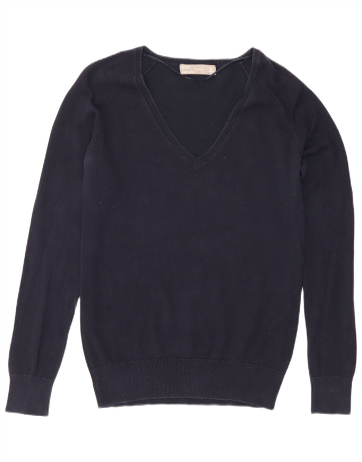 Zara Womens V-Neck Jumper Sweater UK 16 Large Navy Blue