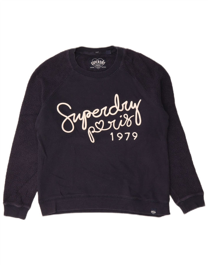 Superdry Womens Graphic Sweatshirt Jumper UK 14 Medium Navy Blue Cotton