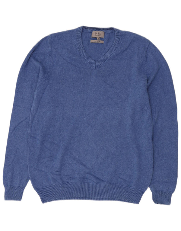 MARKS & SPENCER Mens V-Neck Jumper Sweater Medium Blue Cotton