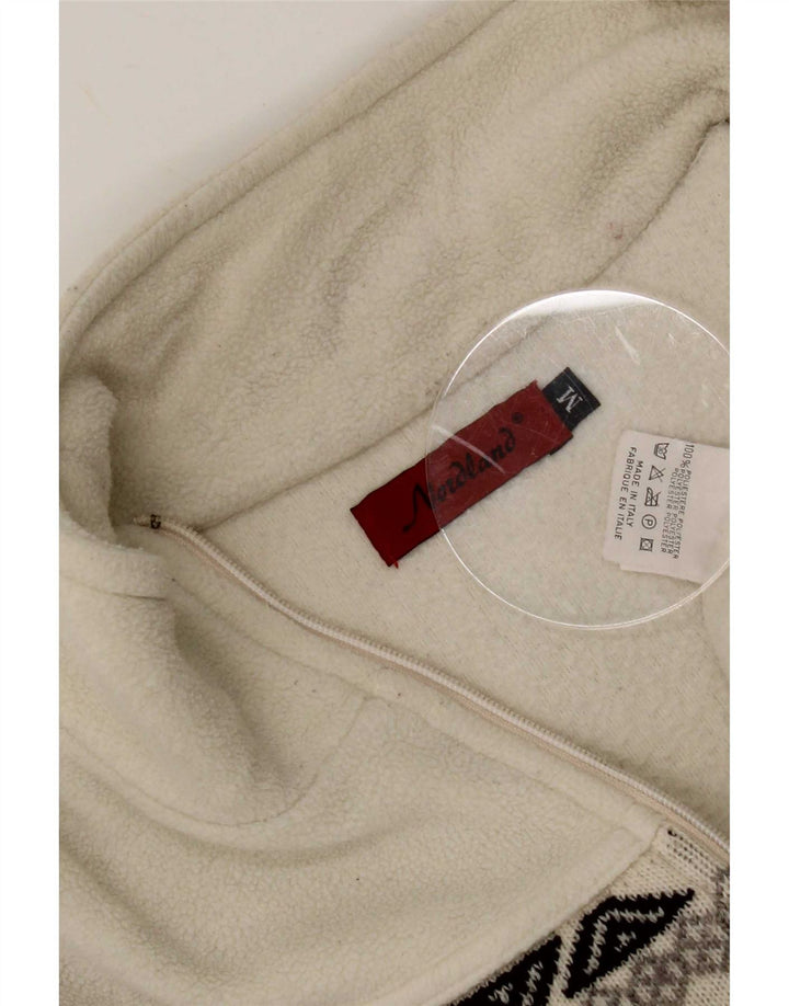 Vintage Mens Zip Neck Fleece Jumper Medium Beige Fair Isle Polyester