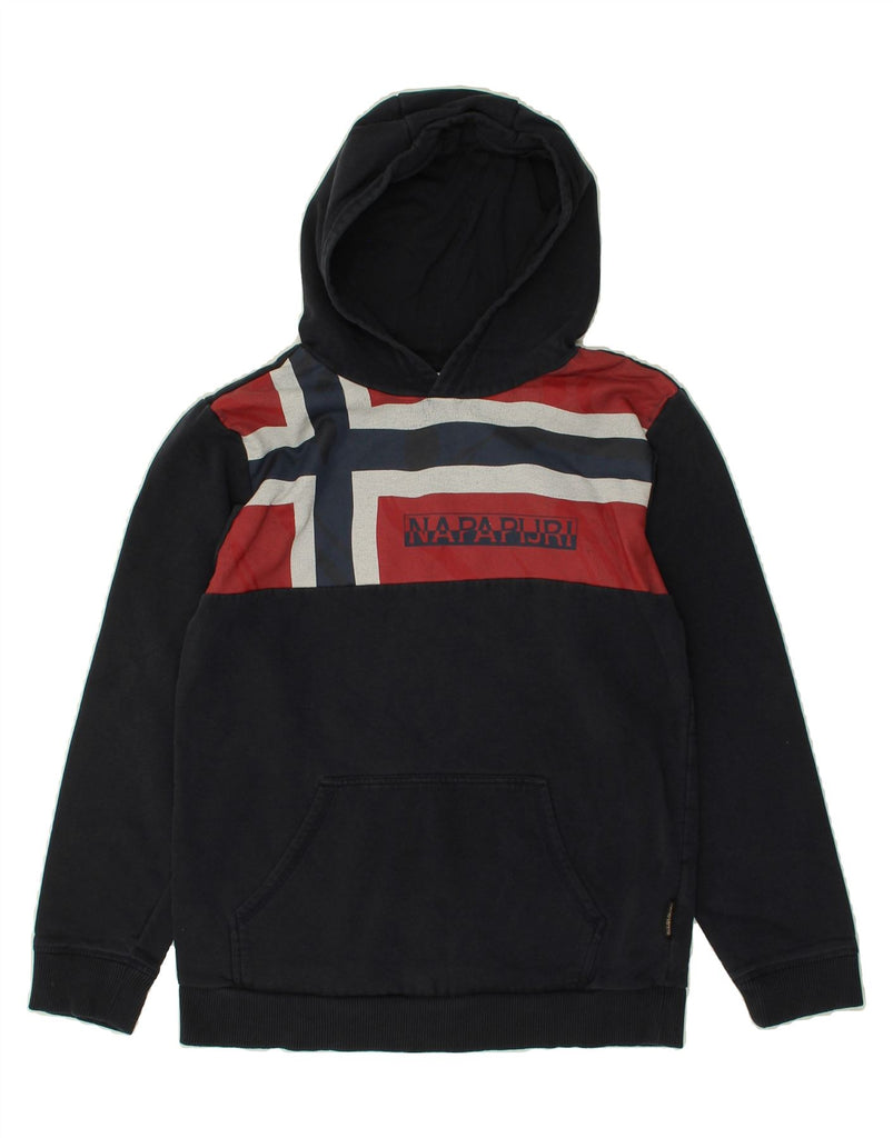 NAPAPIJRI Boys Graphic Hoodie Jumper 13-14 Years Navy Blue Colourblock | Vintage Napapijri | Thrift | Second-Hand Napapijri | Used Clothing | Messina Hembry 