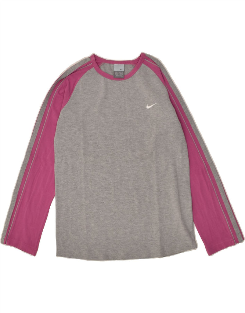 NIKE Womens Top Long Sleeve UK 14/16 Large Grey Colourblock Cotton | Vintage Nike | Thrift | Second-Hand Nike | Used Clothing | Messina Hembry 