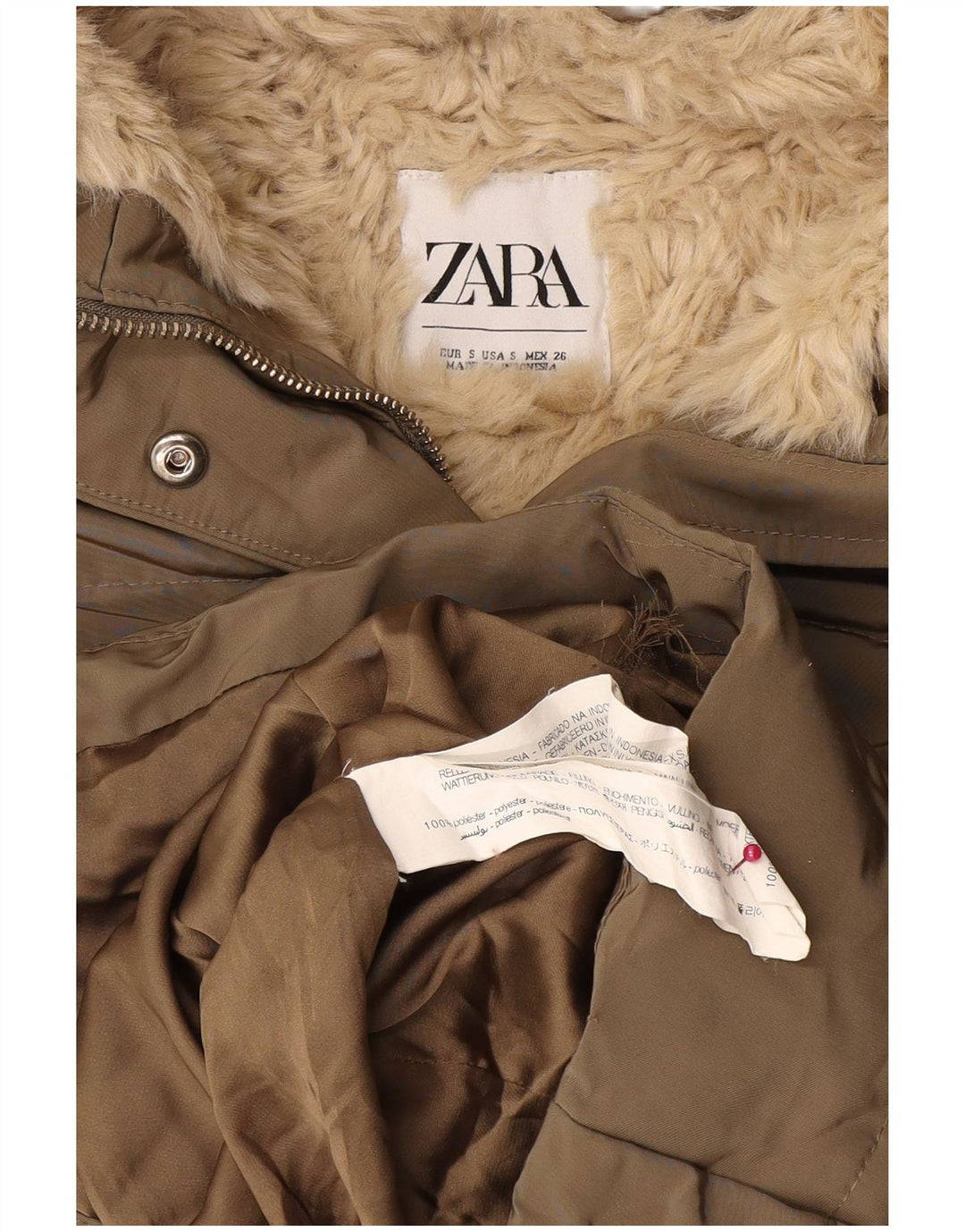 Zara Womens Hooded Sherpa Padded Jacket UK 10 Small Khaki Polyester