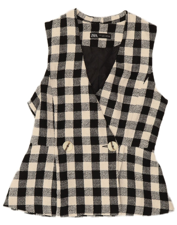 ZARA Womens Double Breasted Gilet UK 10 Small Black Check Cotton