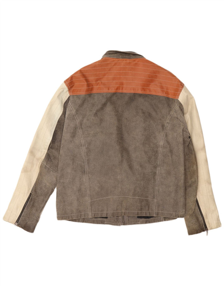 EXPLORER Mens Leather Jacket UK 40 Large Grey Colourblock Leather