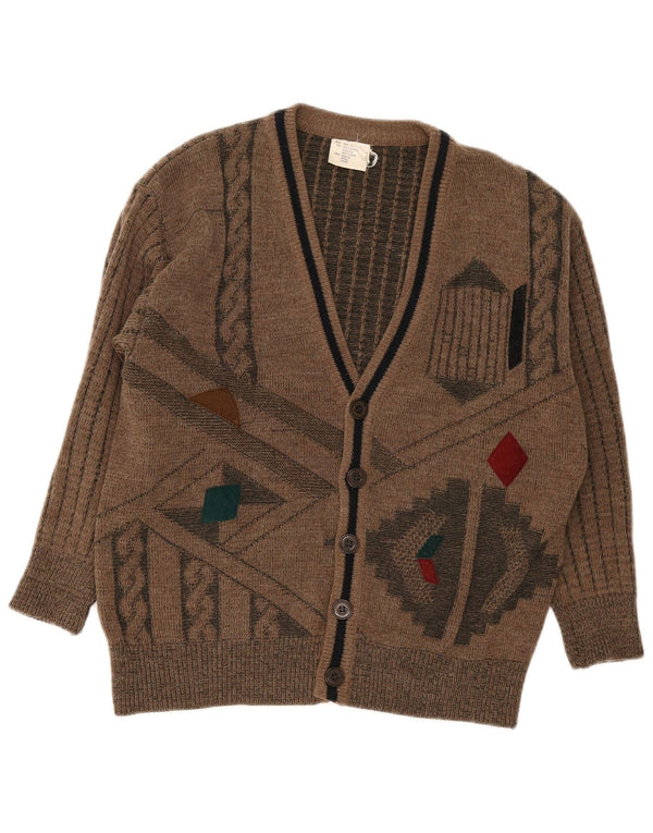 Vintage Mens Cardigan Sweater UK 34 /36 Small Brown Geometric Polyacrylic