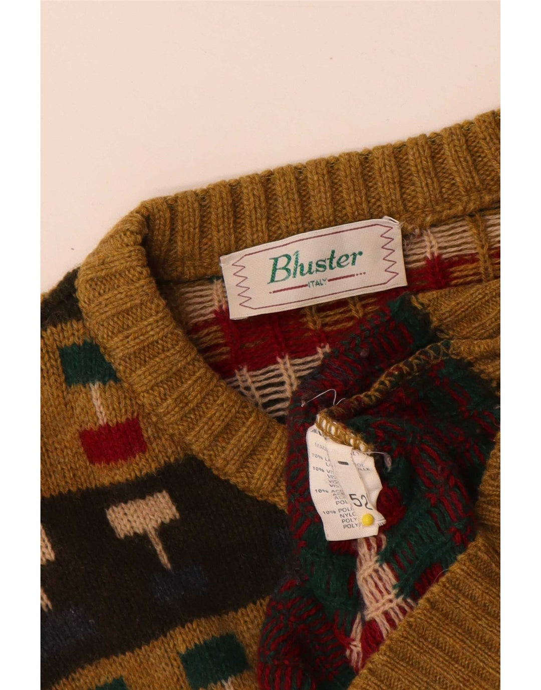 Bluster Mens Crew Neck Jumper Sweater IT 52 Large Brown Geometric Wool