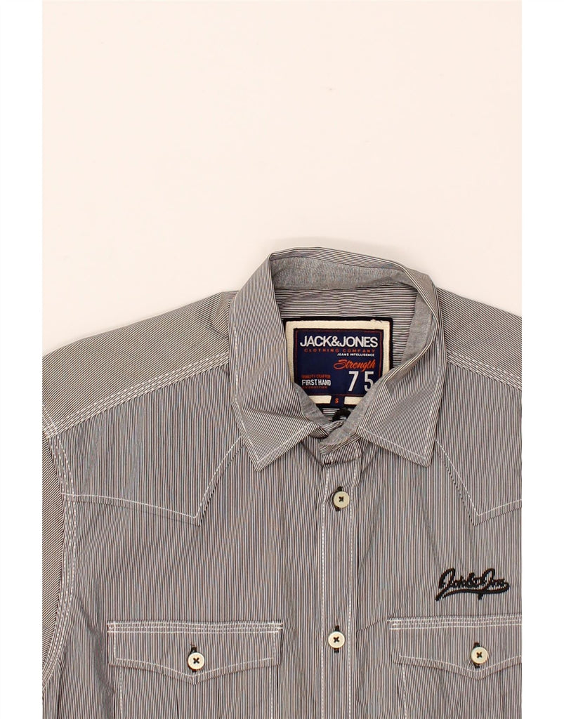 JACK & JONES Mens Graphic Short Sleeve Shirt Small Grey Pinstripe Cotton Vintage Jack & Jones and Second-Hand Jack & Jones from Messina Hembry 