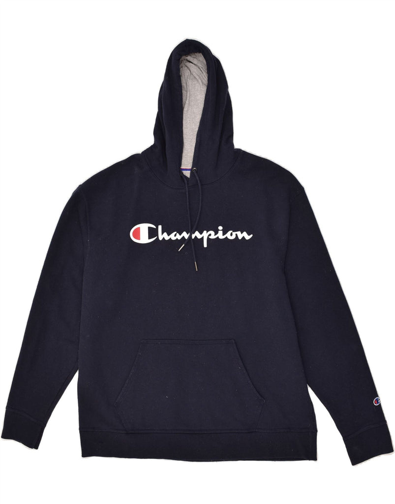 CHAMPION Mens Graphic Hoodie Jumper XL Navy Blue Cotton | Vintage Champion | Thrift | Second-Hand Champion | Used Clothing | Messina Hembry 