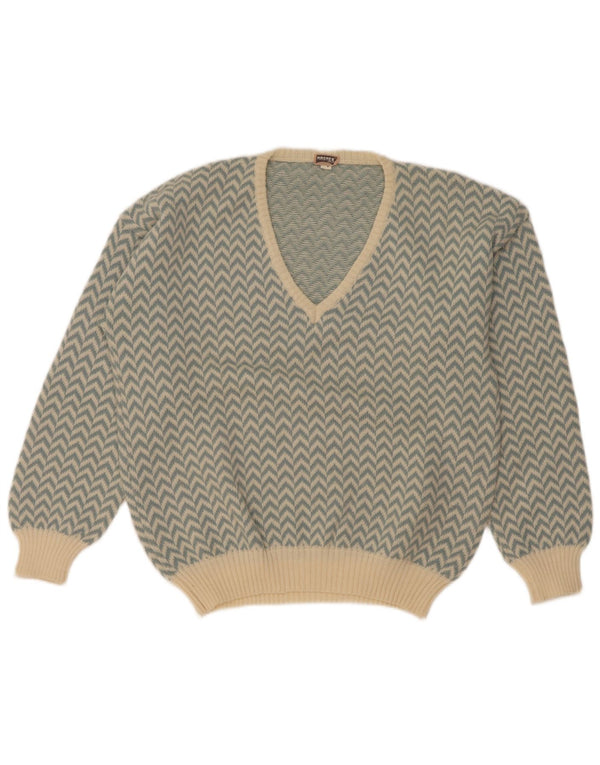 Master Womens V-Neck Jumper Sweater UK 14 Medium Blue Chevron