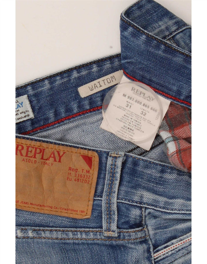 Replay Mens Waitom Distressed Straight Jeans W31 L32 Blue Cotton