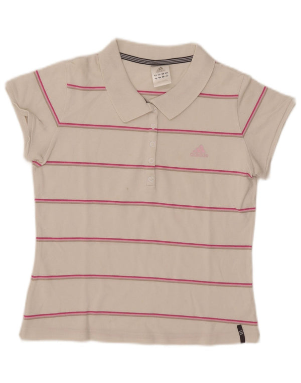Adidas Womens Crop Polo Shirt UK 12 Medium  White Striped Cotton