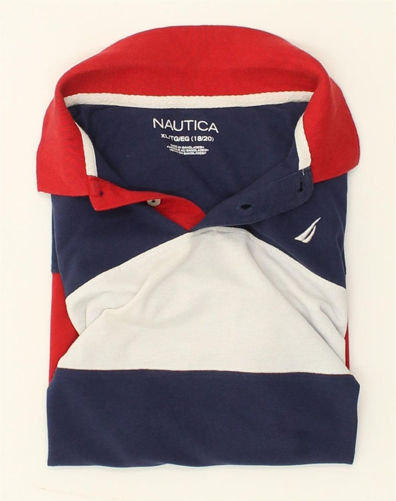 NAUTICA Boys Polo Shirt 15-16 Years XL  Navy Blue Colourblock Cotton | Vintage Nautica | Thrift | Second-Hand Nautica | Used Clothing | Messina Hembry 