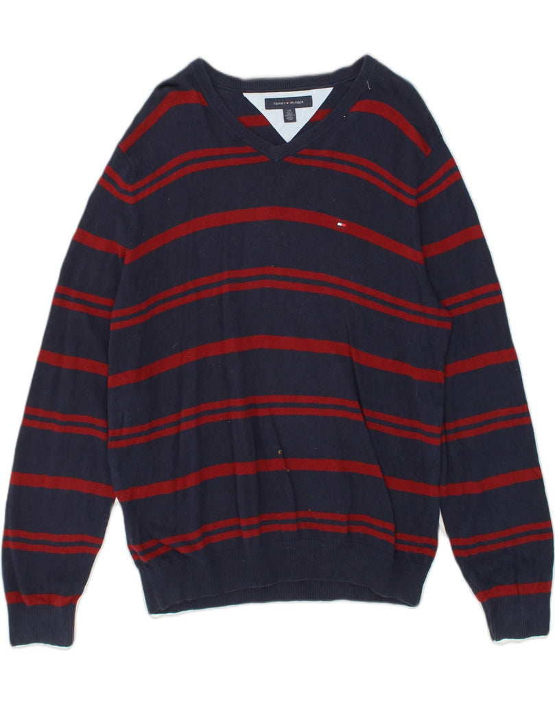TOMMY HILFIGER Mens V-Neck Jumper Sweater Large Navy Blue Striped Cotton | Vintage Tommy Hilfiger | Thrift | Second-Hand Tommy Hilfiger | Used Clothing | Messina Hembry 