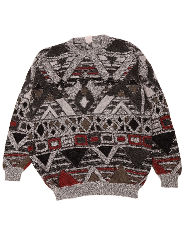 Vintage Mens Crew Neck Jumper Sweater UK 38/40 Medium Grey Geometric