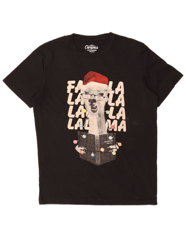 Jack & Jones Mens Graphic T-Shirt Top Small Black Cotton Christmas