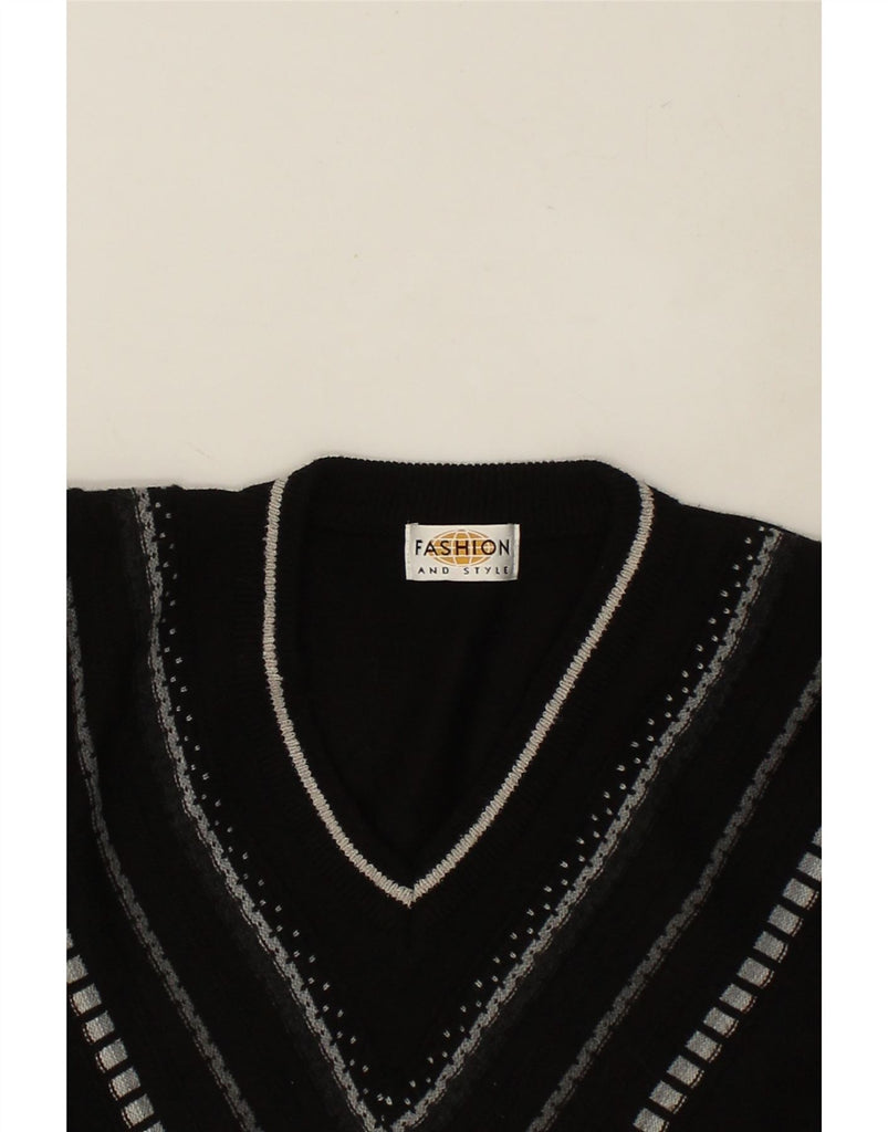 VINTAGE Mens V-Neck Jumper Sweater Medium Black Striped | Vintage Vintage | Thrift | Second-Hand Vintage | Used Clothing | Messina Hembry 