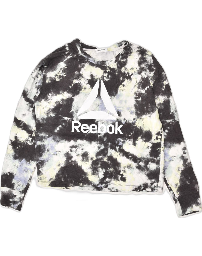 REEBOK Womens Graphic Sweatshirt Jumper UK 18 XL Black Tie Dye | Vintage Reebok | Thrift | Second-Hand Reebok | Used Clothing | Messina Hembry 